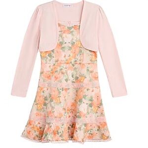 Floral Coral Kids Dress with Jacket